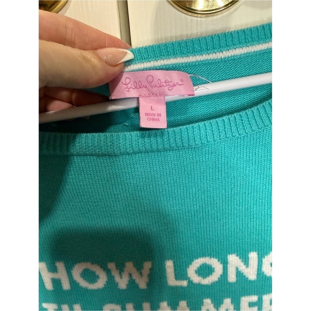 Lilly Pulitzer Sweater Women Large Teal "How Long Til Summer" Knit - Picture 2 of 4